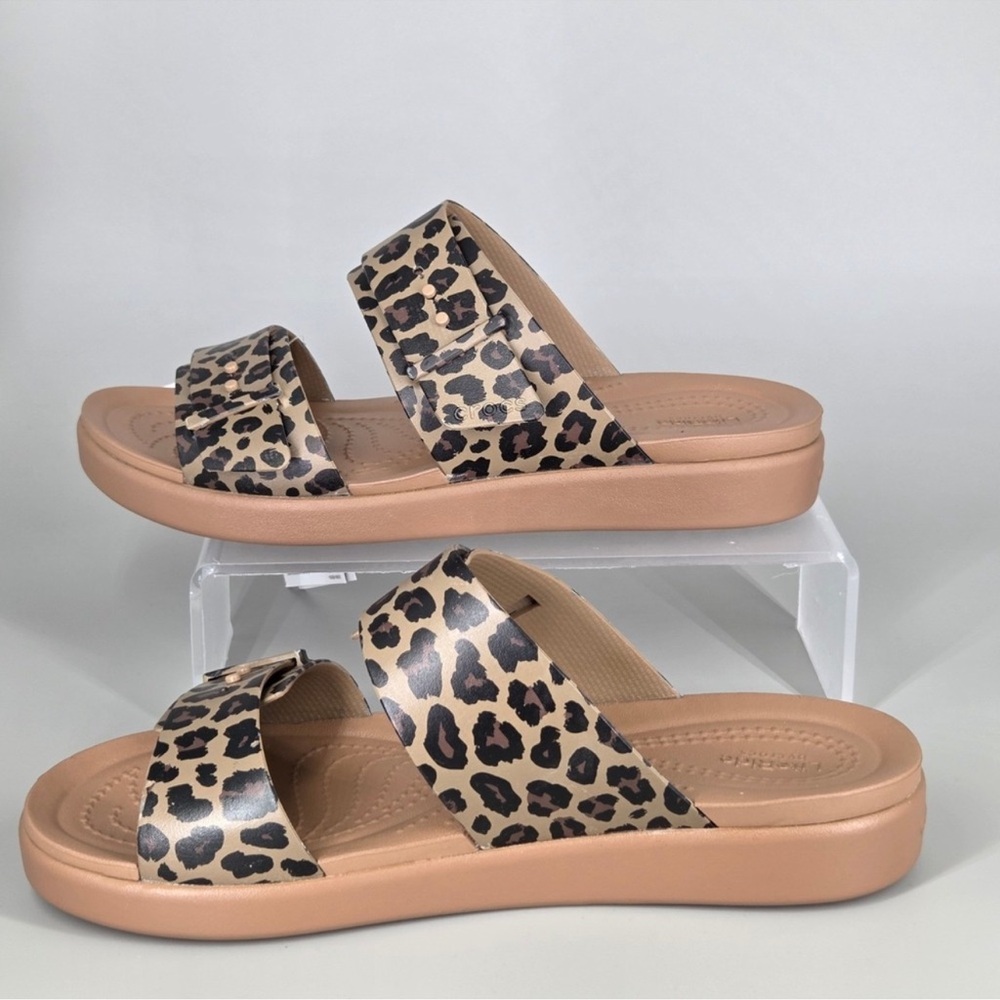 CROCS Women's Leopard Print Double Strap Slide Sandals - Tan/Black